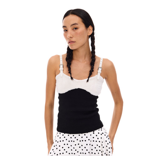 Costustoot毛毛撞色皮肩带背心
