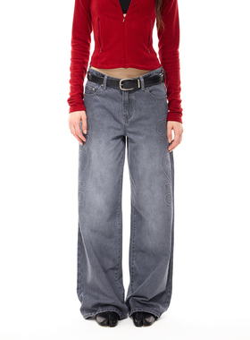 costustoot 复古花卉凸印水洗做旧低腰直筒宽松灰色牛仔长裤女