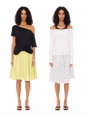 Costustoot 夏季两色印花波点百褶A字裙收腰显瘦蓬松百搭半身裙