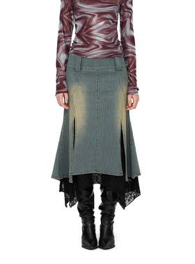 CUT 原创设计牛仔拼接蕾丝中长半身裙分割设计廓形感微弹鱼尾裙女