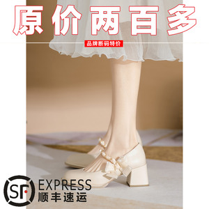 品牌特价法式玛丽珍鞋2023新款蝴蝶结复古风浅口单鞋粗跟高跟鞋女