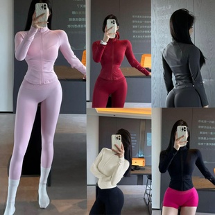 修身收腰拉链瑜伽外套欧美Dfyne女运动健身上衣跑步训练服长袖