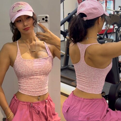 豹纹美背固定杯运动背心衣服上衣女外穿透气健身瑜伽普拉提背心