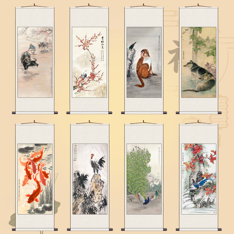 中式玄关动物装饰画走廊过道挂画卧室墙画九鱼图餐厅丝绸画卷轴画图片