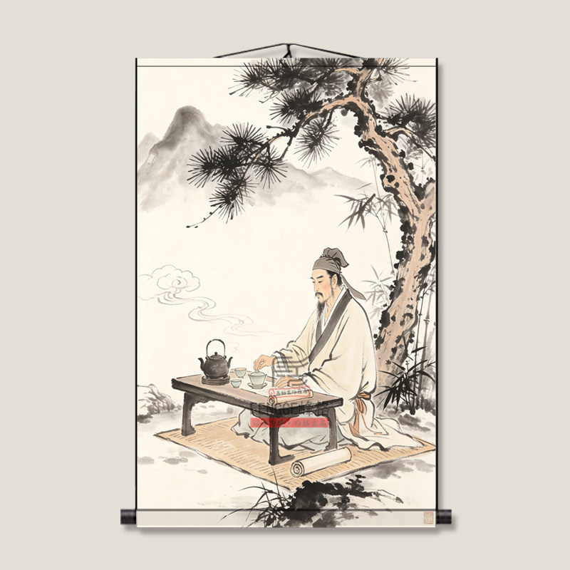 茶圣丝绸挂画人物图案装饰画酒店玄关客厅丝绸画单幅国画水墨画