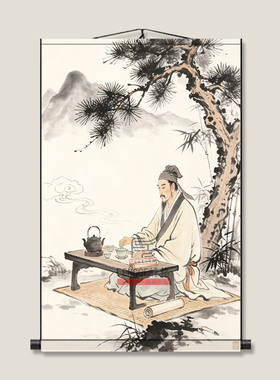 茶圣丝绸挂画人物图案装饰画酒店玄关客厅丝绸画单幅国画水墨画