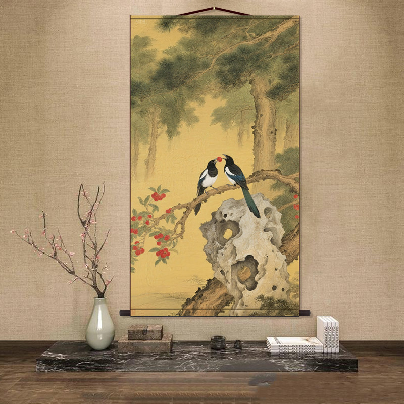 花鸟翠绿 中国画花鸟画装饰画玄关餐厅卷轴挂画国画名作成品定制