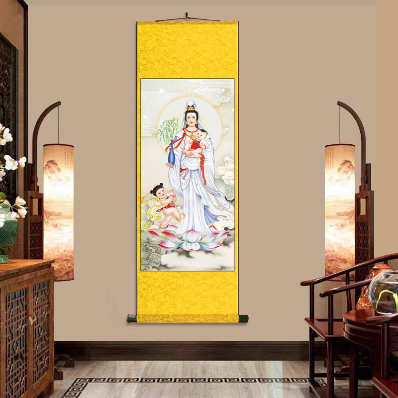 观音送子挂像图挂画卷轴字画丝绸壁画玄关画镇宅菩萨供奉家用客厅