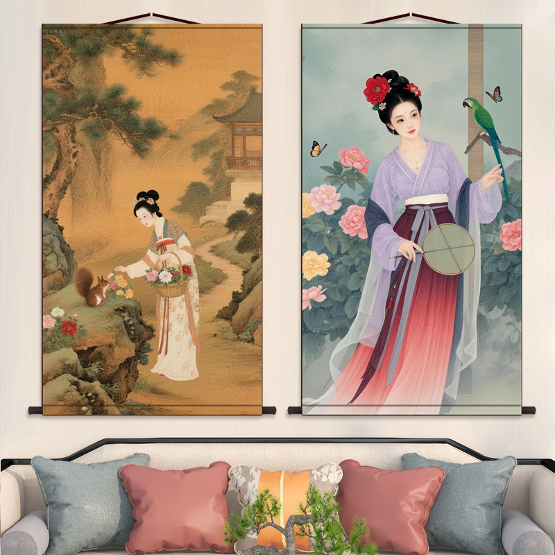 古风仕女 古风仕女图卷轴挂画人物国画装饰画中式茶室壁画卷轴画