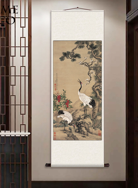送礼祝寿梅花字画好运壁画农村蟠桃双鹤定丝绸客厅装饰松鹤延年