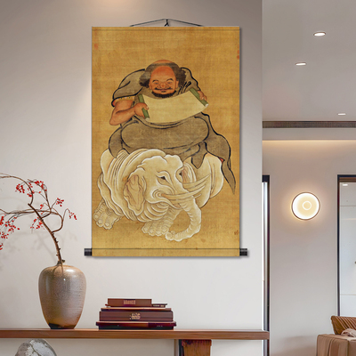 明  普贤菩萨背景墙竖版卷轴挂画禅意国画字画装饰供奉道场