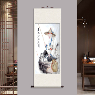姜太公钓鱼图新中式茶楼挂画卷轴字画丝绸壁画玄关客厅姜子牙画像
