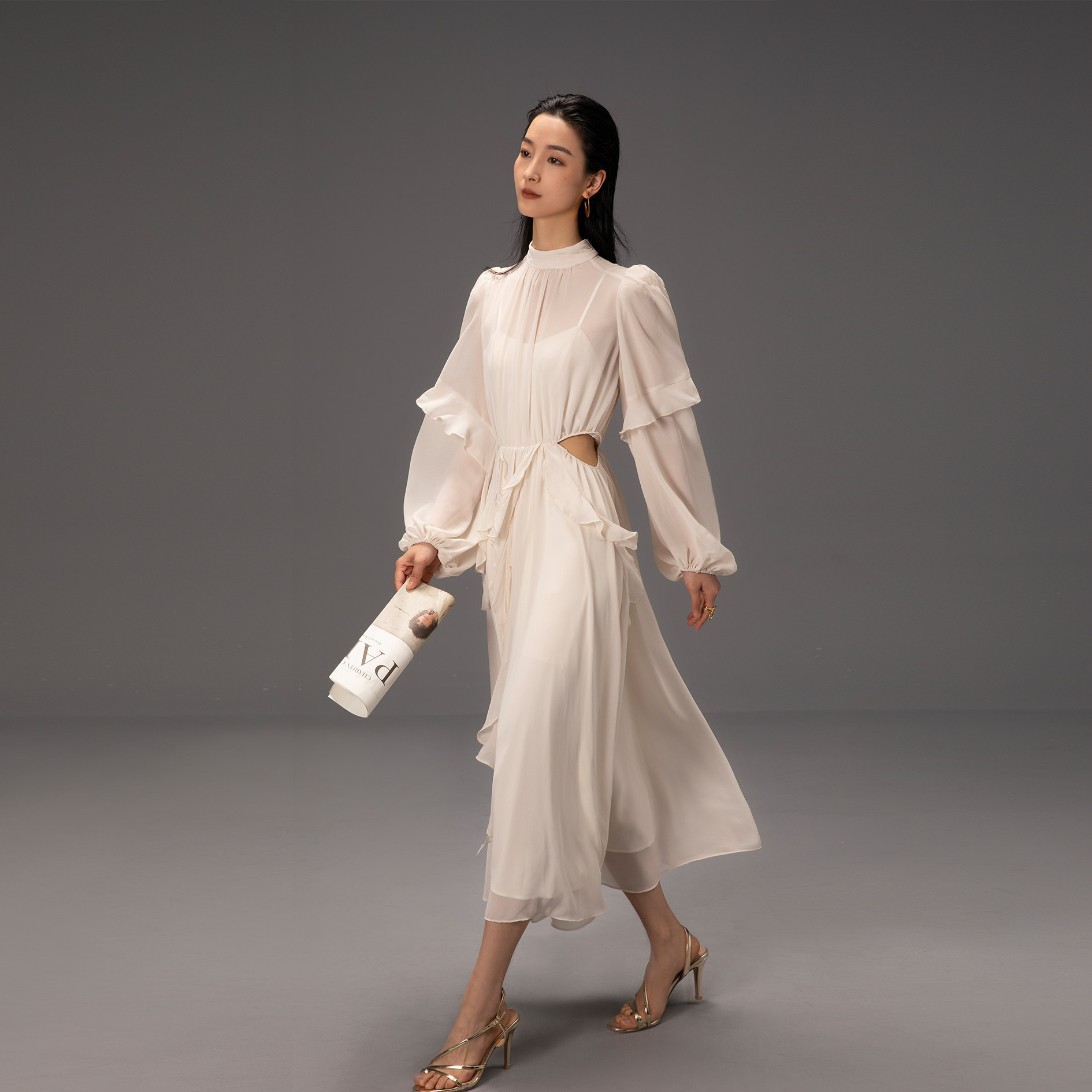 wishjaja 温柔气质女神款灯笼袖收腰大裙摆飘逸连衣裙露腰中长裙