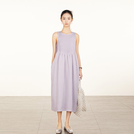 WISHJAJA 气质紫色高级感24夏季新款简约法式连衣裙压褶拼接设计