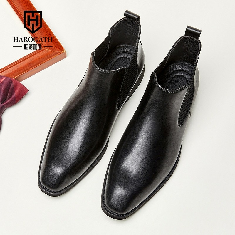 哈洛加斯日系套筒马丁靴复古高帮真皮商务英伦切尔西靴男手工鞋