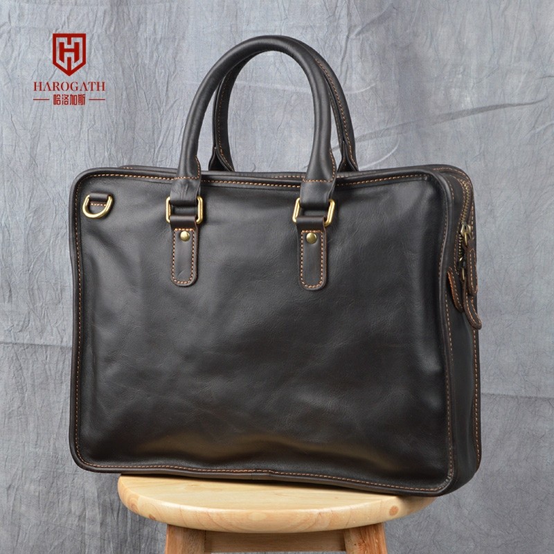 哈洛加斯品牌真皮手提包男商务新款复古公文包手工牛皮办公电脑包