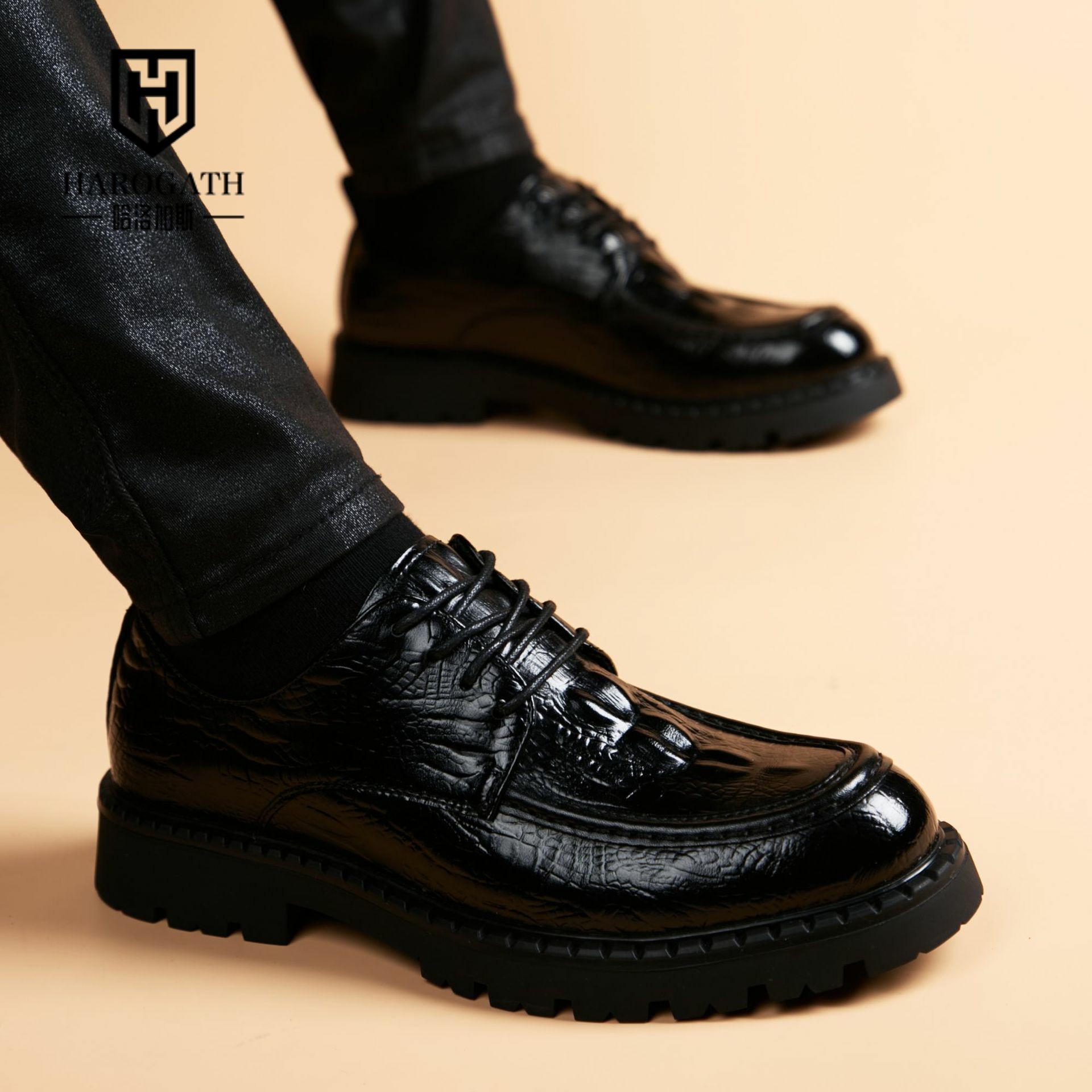 哈洛加斯休闲皮鞋鳄鱼纹时尚厚底内增高婚鞋青年英伦风商务正装男