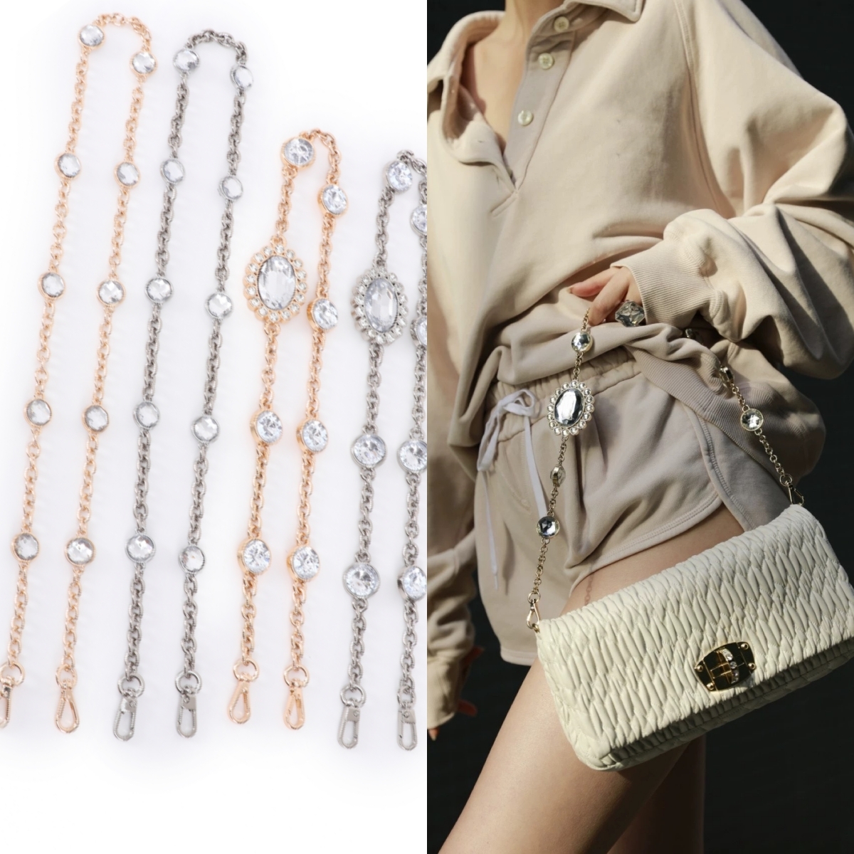 miumiu水钻链条褶皱包链水晶钻石