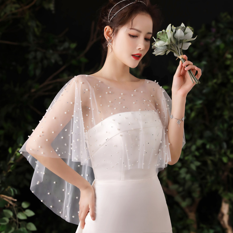 婚纱显瘦遮手臂薄纱披肩手工珍珠新娘裙子防晒百搭仙美披风小外搭