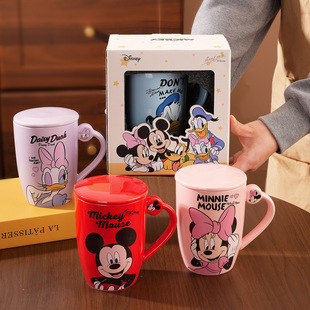 迪士尼米奇马克杯带盖情侣陶瓷咖啡喝水杯子红色家用办公室大容量