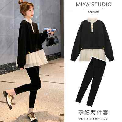 孕妇秋装连衣裙套装时尚款拼接长袖裙子中长款春秋季新款韩版上衣