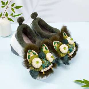 手工虎头鞋女成人秋冬软底居家外穿复古棉鞋包头厚底拖鞋绣花单鞋