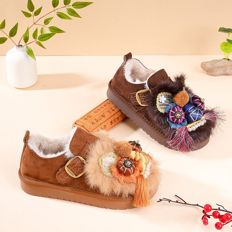 舒适百搭民族风勃肯流苏虎头加绒棉鞋女手工传统布鞋圆头低跟国潮