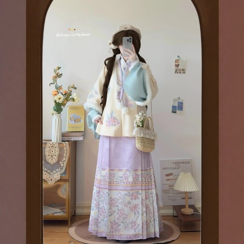 原创汉服女【紫苏】明制加绒合领披袄交领琵琶袖马面裙套装冬季款