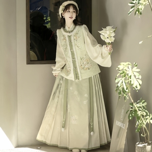 原创汉服女【猫猫】明制圆领加绒比甲琵琶袖马面裙绿色套装冬季款