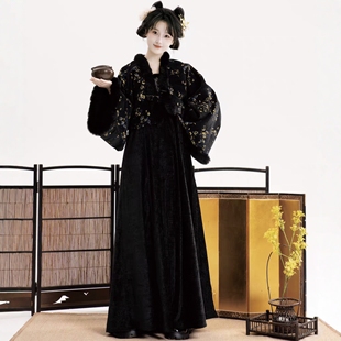 冬款 原创汉服女 唐制黑色加绒外套连衣裙套装 雪落霓裳 芷蘅间
