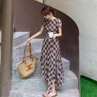 修身 收腰包臀裙A字長裙子 新款 韓系復古格紋背心連衣裙女2025夏季