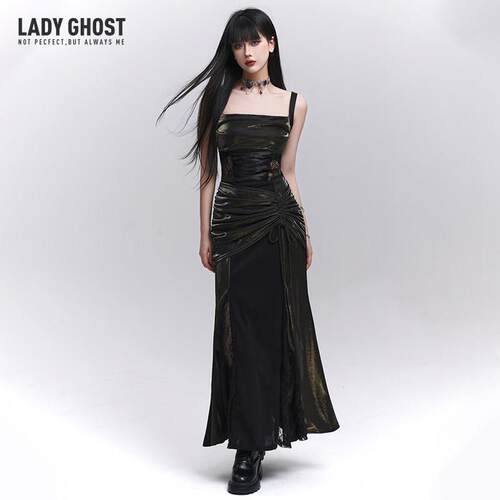 幽灵少女御姐吊带洋装黑色长裙子生日party轻礼服裙演唱会穿搭