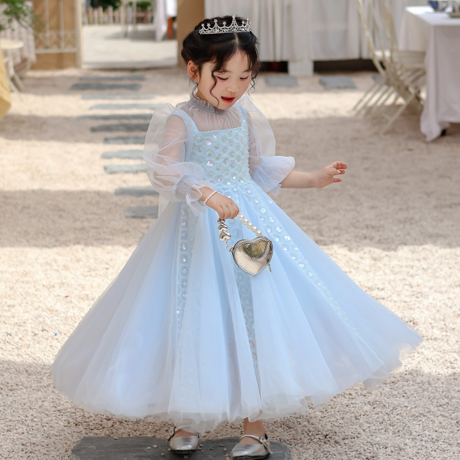 La lumière鹿谧2025春夏新款艾莎公主裙女童生日舞台蓝色礼服裙