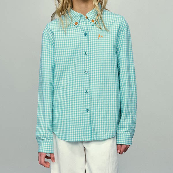 MINIkids童装 格纹棉麻长袖衬衫女童春季新款学院风撞色绣花上衣