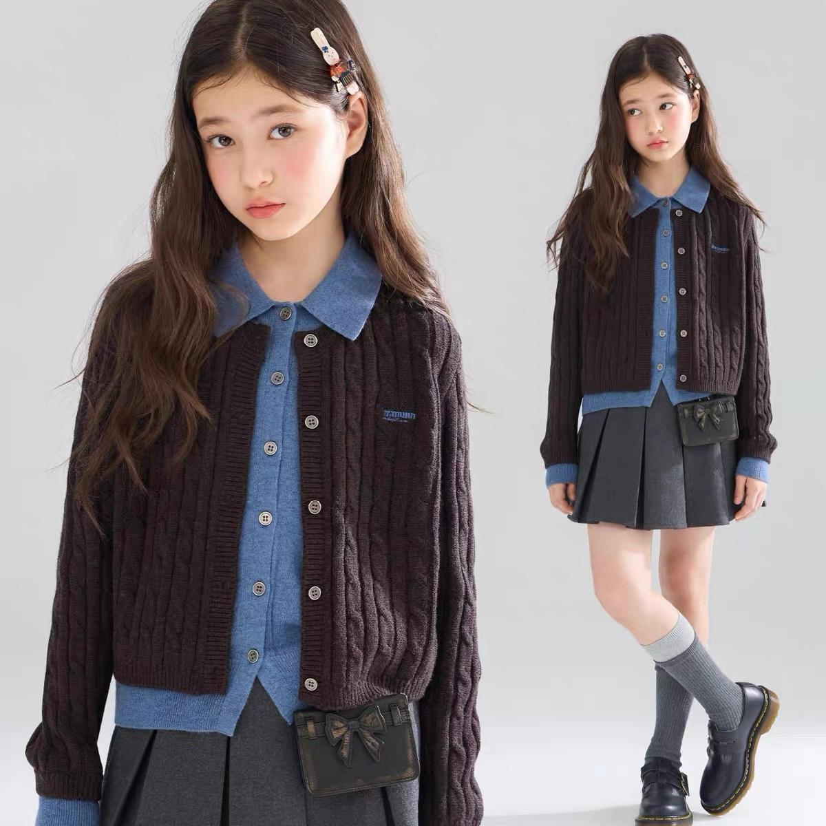 【缪蓝灵感】学院风复古假两件毛衣开衫女童2026秋冬款针织衫上衣