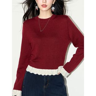 红色假两件针织衫女2025秋新款镂空花边拼接毛衣内搭打底短上衣