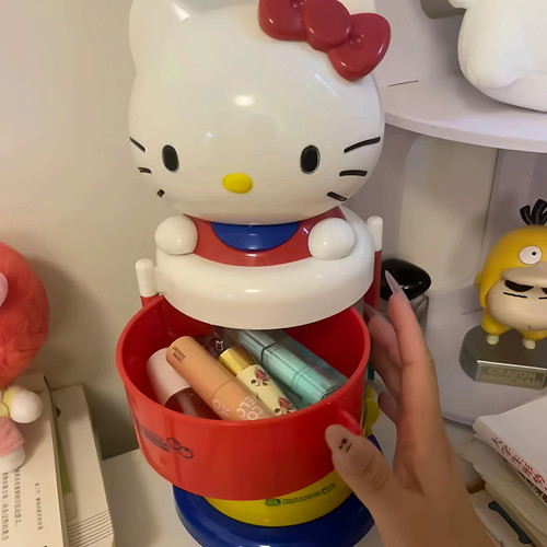 大号高品质卡通猫咪收纳盒旋转三层开头收纳kt首饰盒梳妆桌面收纳