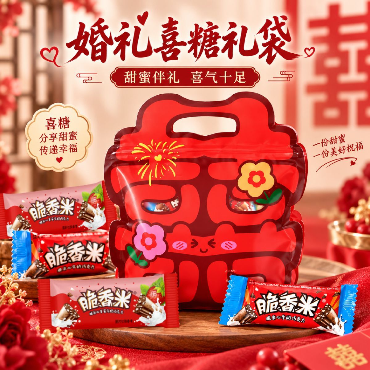 【喜糖礼袋】脆香米牛奶巧克力250g婚礼喜糖订婚宴宾客回礼糖果bj