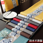 新中式 国风牡丹防水桌旗轻奢高端亚麻布艺茶席锁边不渗漏台布桌垫