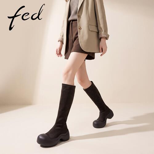 fed复古厚底高跟弹力骑士长靴女