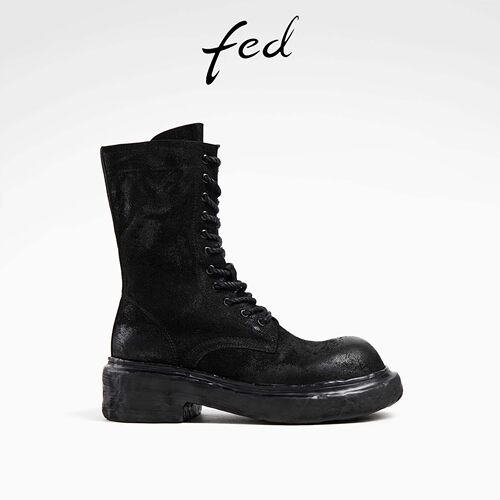 fed复古真皮粗跟增高马丁靴女