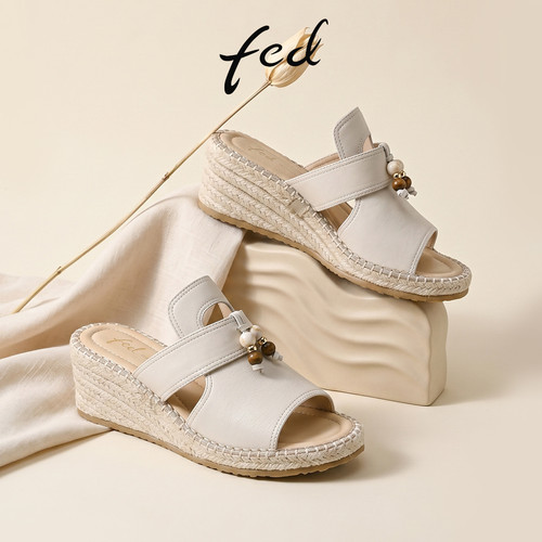 fed羊皮串珠坡跟一字拖女夏真皮