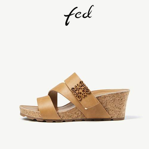 fed羊皮坡跟一字拖女夏季厚底