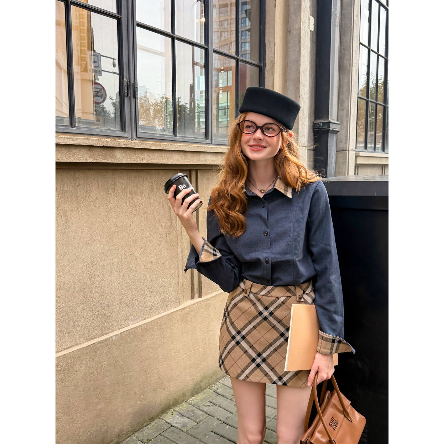 IHDXD 撞色拼接亚麻衬衫2026年秋季宽松复古英伦藏蓝色长袖女上衣