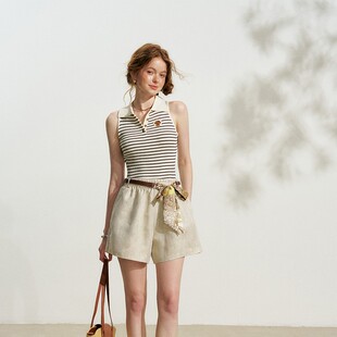 【现货】IHDXD条纹针织上衣2026年夏季POLO领无袖背心女翻领上衣