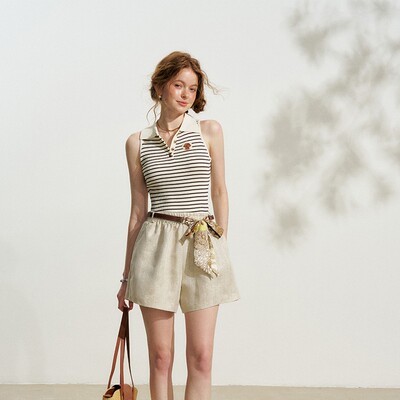 【现货】IHDXD条纹针织上衣2026年夏季POLO领无袖背心女翻领上衣