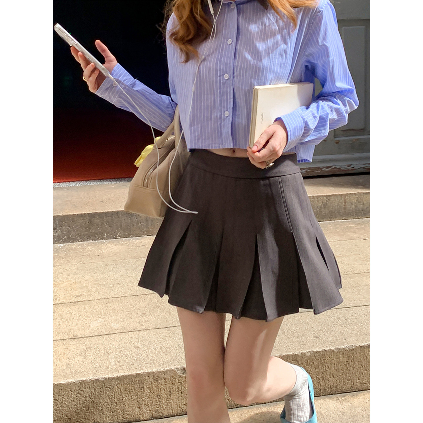 IHDXD 西装百褶裙2026年秋季新款学院风深灰短款压褶A字女半裙