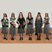 IHDXD菱格开衫 菱格背心 灰色百褶半裙