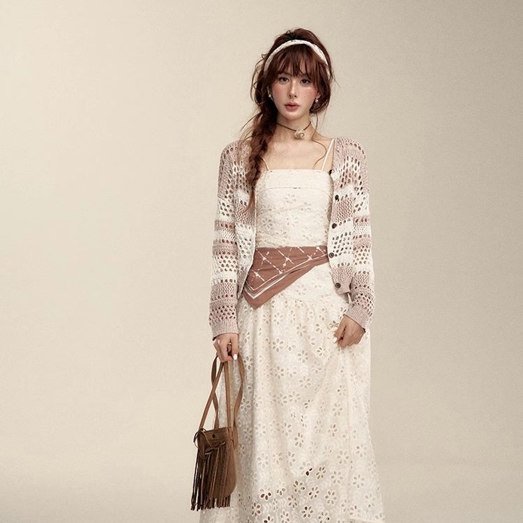 IHDXD 镂空针织开衫2026年春季新款条纹针织女款开衫外套