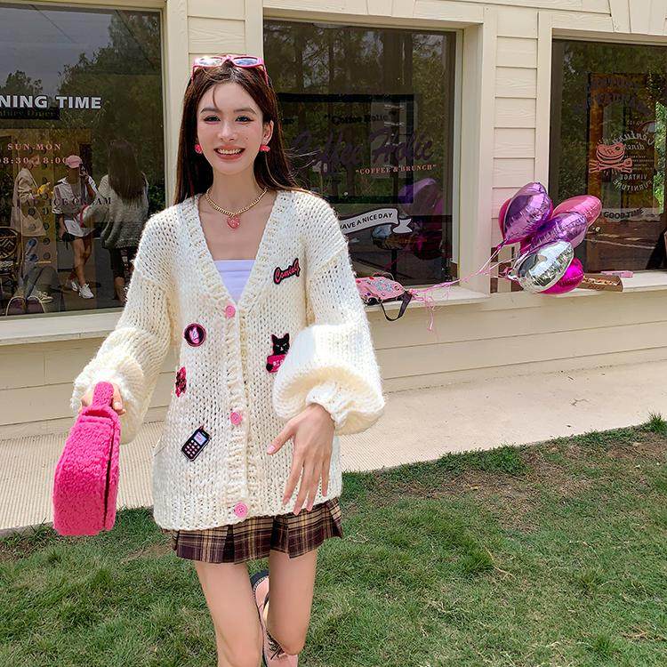 【现货】IHXD卡通粉色扣开衫女白色慵懒风宽松上衣外套针织开衫